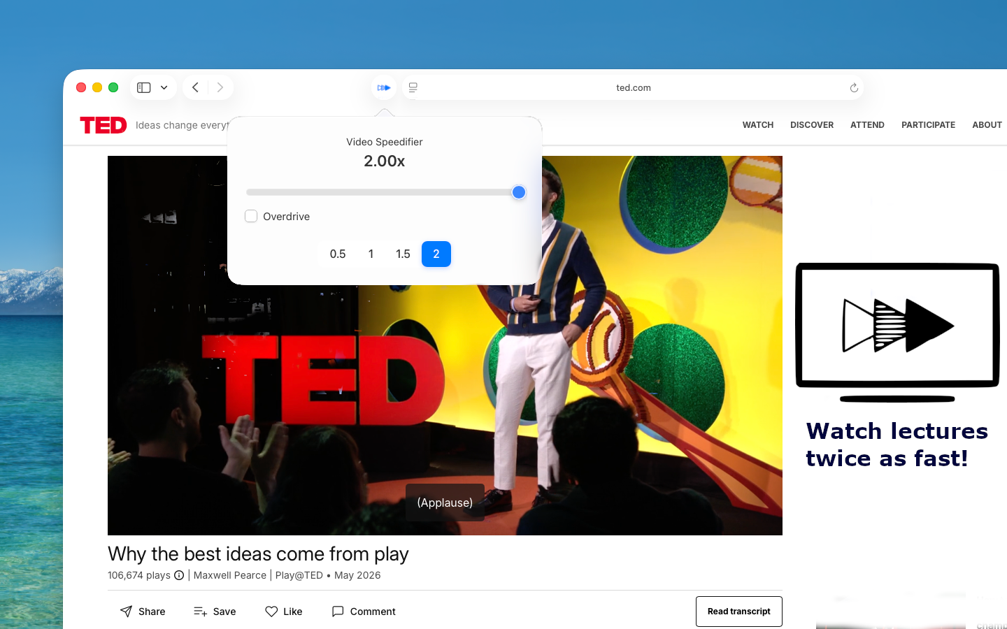 Video Speedifier popup controlling speed on TED