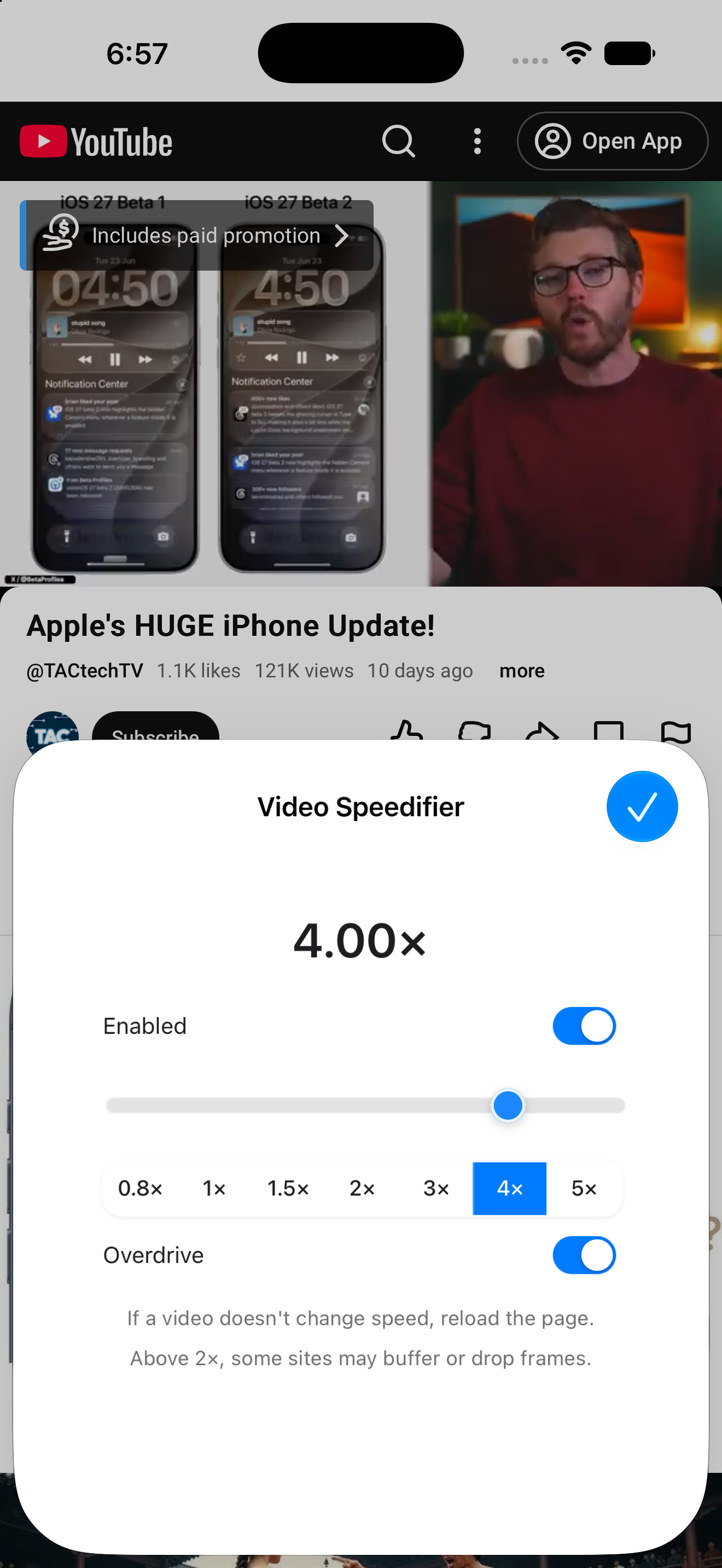 Video Speedifier on iPhone showing 4x Overdrive on YouTube