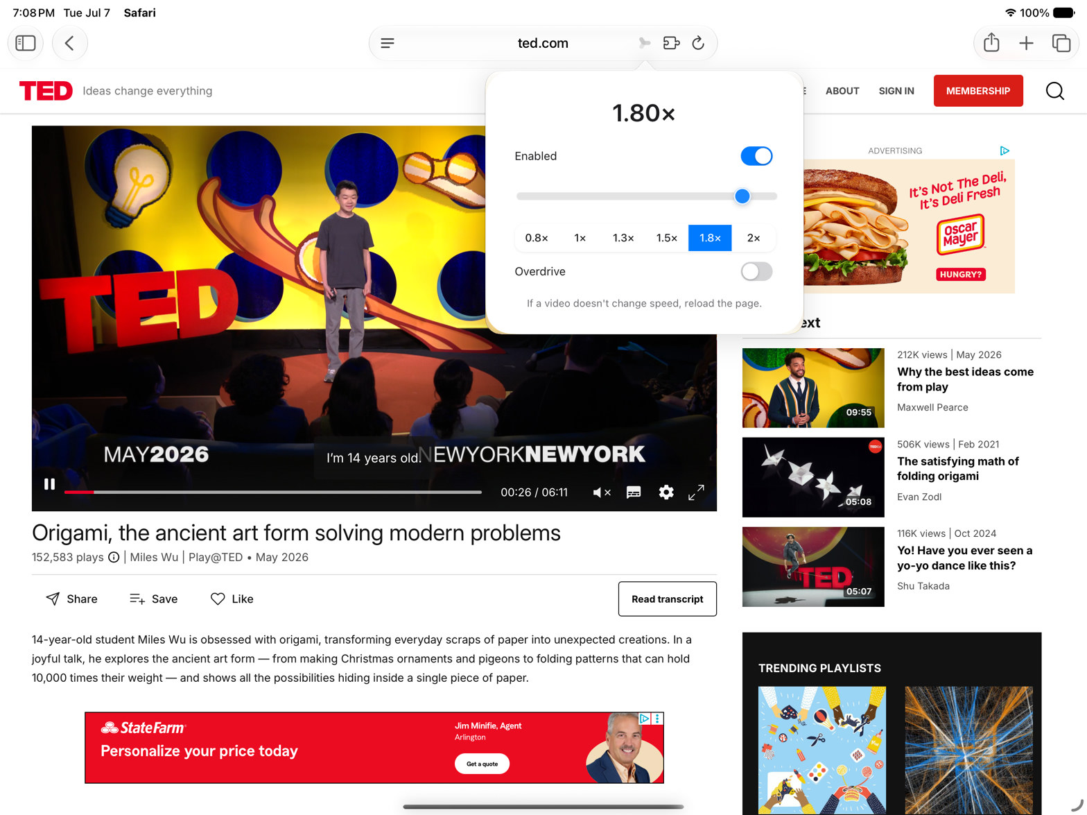 Video Speedifier popup controlling speed on TED.com at 1.8x