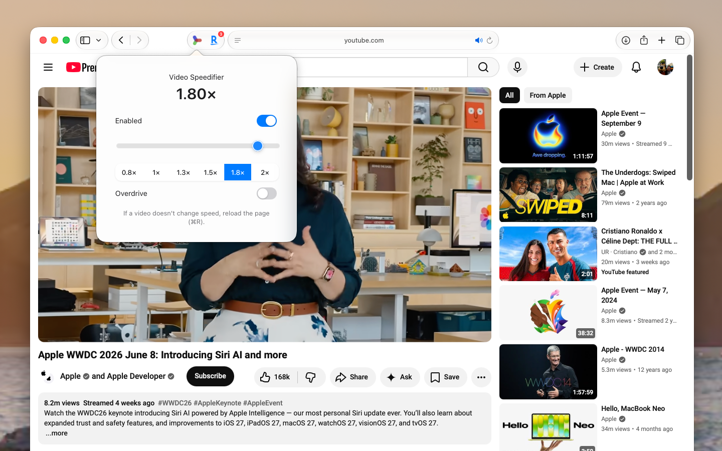 Video Speedifier popup on YouTube at 1.8x speed